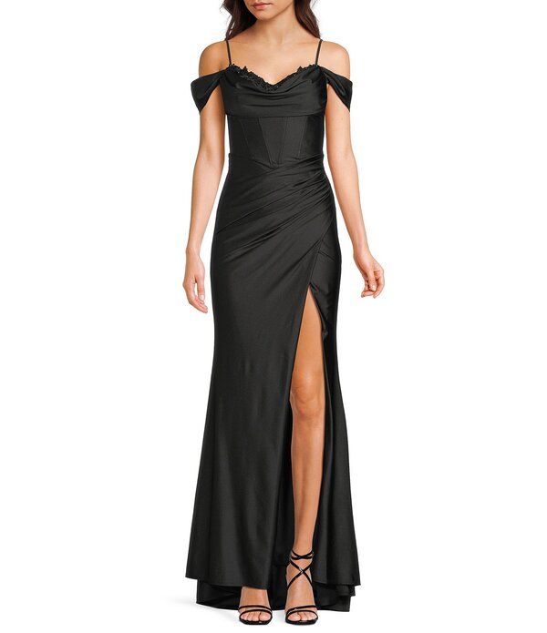 ビーダーリン レディース トップス ワンピース ドレープ フロントスリット B Darlin Off The Shoulder Sweetheart Drape Neck Corseted Faux Wrap Front Slit Long Dress Bla