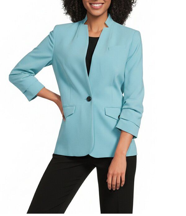 カール ラガーフェルド レディース アウター コート ジャケット KARLAGERFELD PARIS Woven Collarless 34 Sleeve Suiting Jacket Aqua Mist アクア