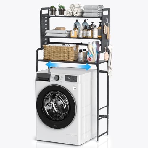 ☆新品☆洗濯機ラック ランドリー収納棚 有孔ボード付きランドリーラック 棚3段 幅伸縮タイプ(51~81cm) 3段階に高さ調節可能 フック付き 洗濯機上収納 (ブラック) 5c94e7e5