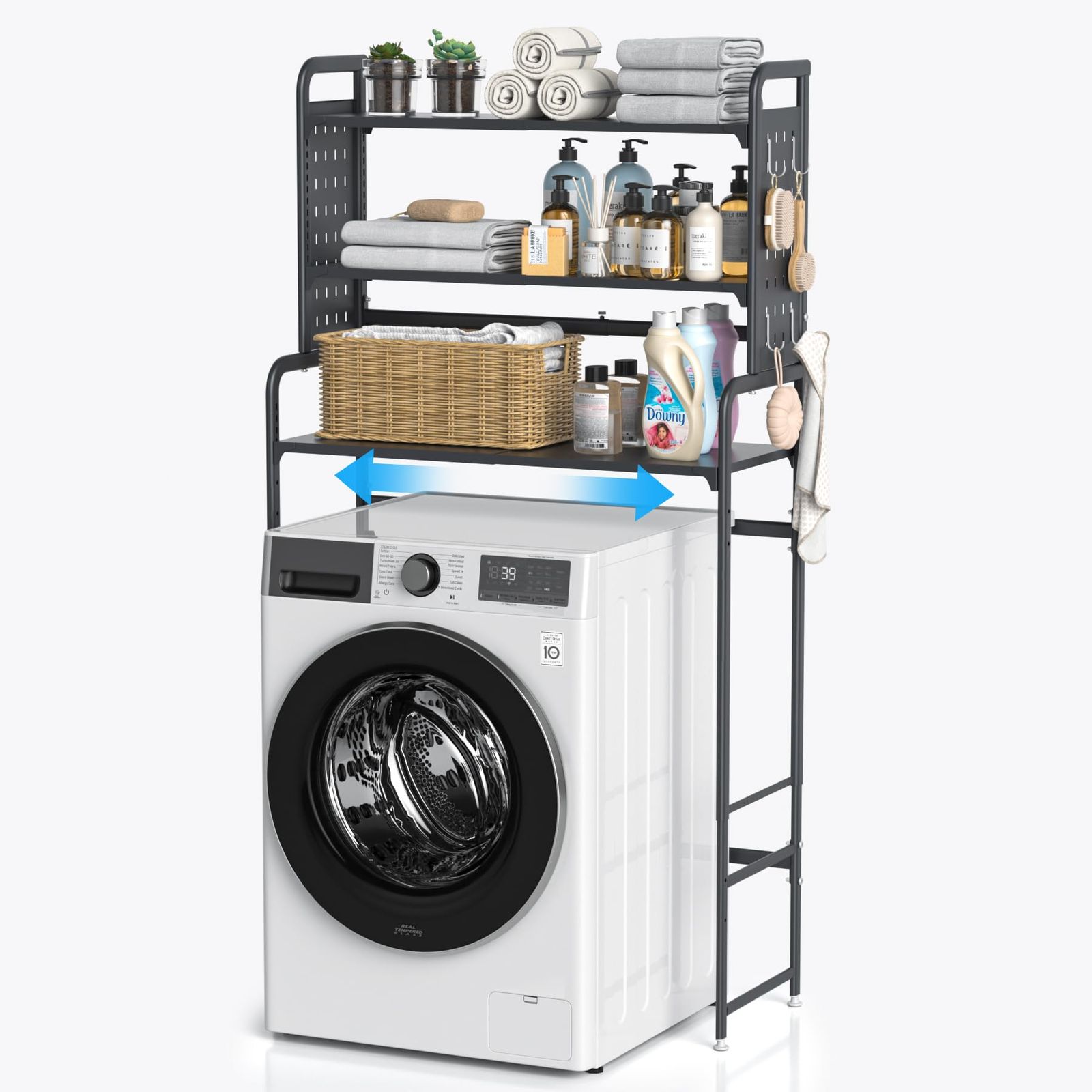 ☆新品☆洗濯機ラック ランドリー収納棚 有孔ボード付きランドリーラック 棚3段 幅伸縮タイプ(51~81cm) 3段階に高さ調節可能 フック付き 洗濯機上収納 (ブラック) 5c94e7e5