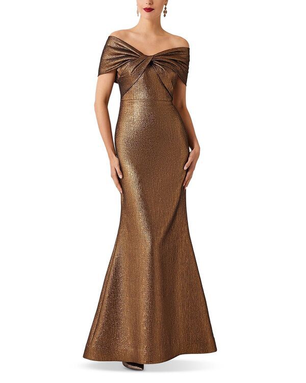 テリジョンバイリッキーフリーマン レディース トップス ワンピース トール Teri Jon by Rickie Freeman Off Shoulder Twist Metallic Jacquard Gown Bronze メタリック