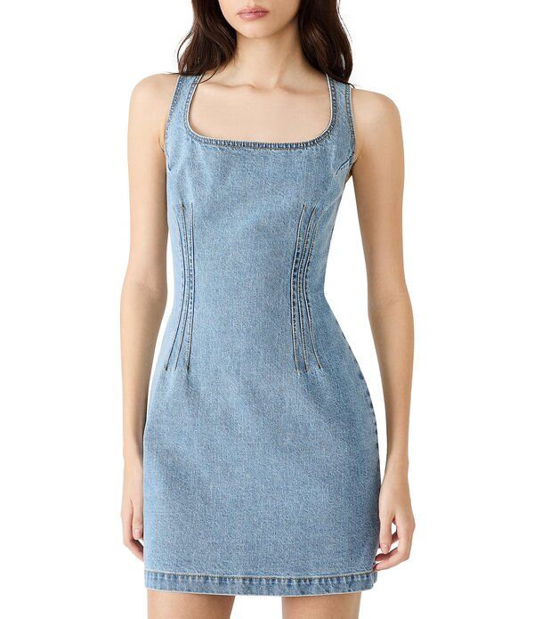 スティーブ マデン レディース トップス ワンピース ミニ ノースリーブ デニム Steve Maddenoelle Denim Square Neck Sleeveless Fitted Mini Dress Forever Blue ブルー