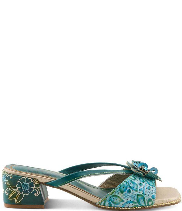 ラリティステ レディース シューズ サンダル レザー LARTISTEuropa Embossed Pindot Leather Flower Ornament Slide Sandals Teal Multi ティール