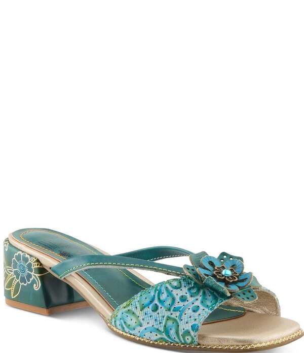 ラリティステ レディース シューズ サンダル レザー LARTISTEuropa Embossed Pindot Leather Flower Ornament Slide Sandals Teal Multi ティール