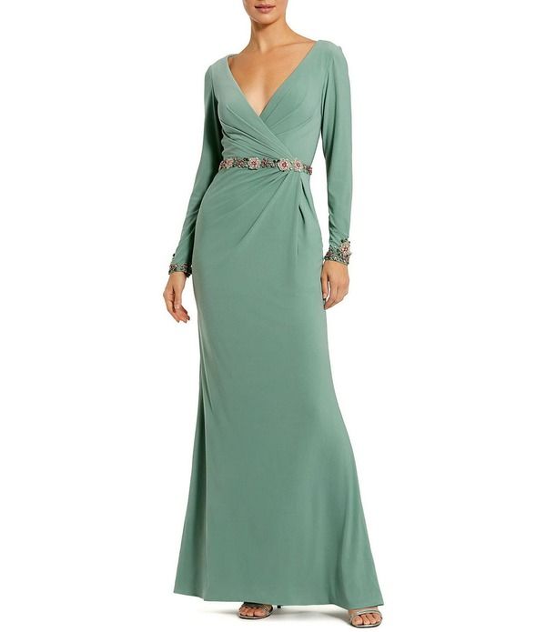 マックダガル レディース トップス ワンピース Vネック ジャージー Mac Duggal Jersey Long Sleeve V Neck Beaded Belt Gown Sage セージ
