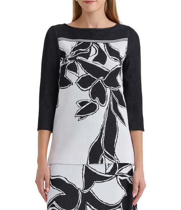 ミンウォン レディース トップス カットソー フラワー柄 ニット フラワー Ming Wang Floral Jacquard Coordinating Knit Round Neck 34 Sleeve Tunic BlackWhite ホワイト 27,170円