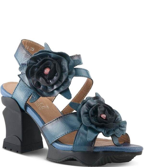 ラリティステ レディース シューズ サンダル プラットフォーム レザー ヒール LARTISTE LARTSITE Shelly Leather Applique Flowersculpted Block Heel Platform Sandals Blue