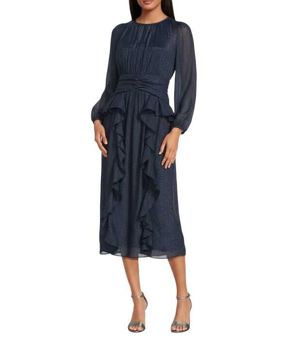 アドレイン ラエ レディース トップス ワンピース シフォン クルーネック フリル ミディ Adelyn Rae Marlowe Ruffle Crew Neck Long Sleeve Chiffon Midi Dress Denim デニム