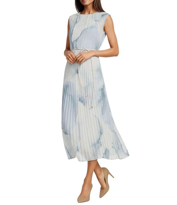 ダナキャラン レディース トップス ワンピース シフォン クルーネック A ライン プリーツ ミディ キャップ Donna Karan Chiffon Crew Neck Cap Sleeve Pleated Belted ALine Midi Dress D