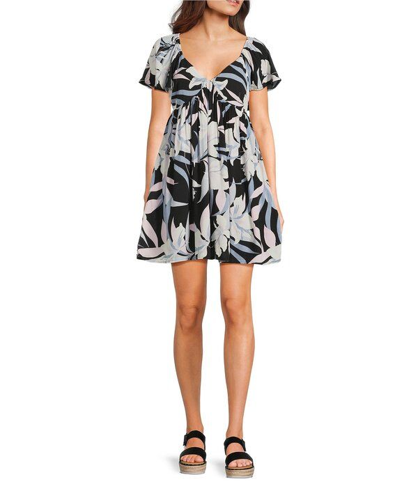 ソルティークルー レディース トップス ワンピース プリント ミニ Salty Crew Dreamland Flutter Sleeve Printed Mini Dress Black ブラック