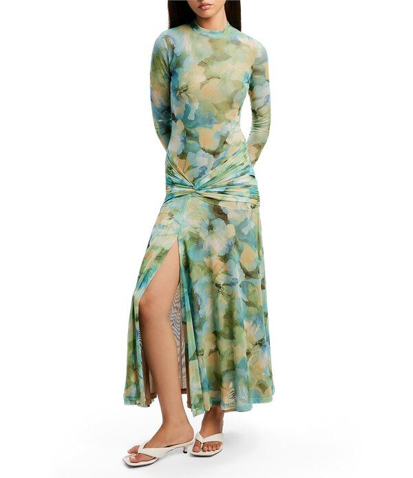 バードット レディース トップス ワンピース モックネック フラワー柄 プリント ギャザー メッシュ ミディ フラワー Bardot Lea Floral Print Mesh Crew Mock Neck Long Sleeve Ruched Waist M