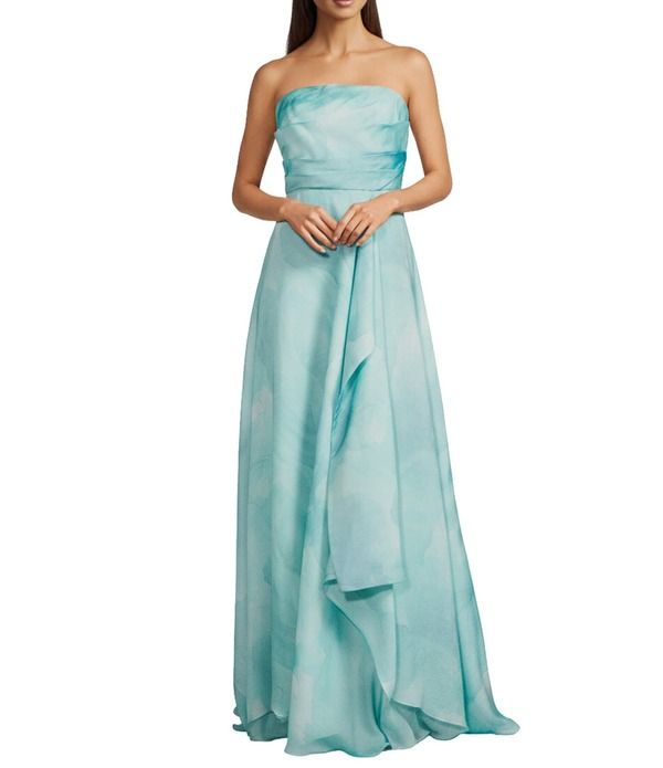 ダナキャラン レディース トップス ワンピース サイドスリット A ライン ストラップレス Donna Karan Organza Strapless Neckline Side Slit Draping ALine Gown Sea Mist Multi マ