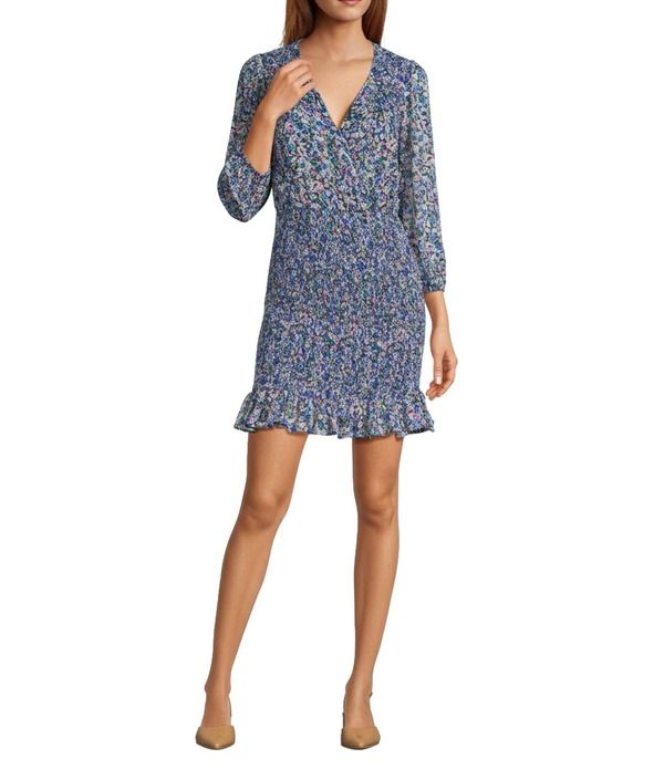 ビーシビージー レディース トップス ワンピース Vネック シフォン フラワー柄 プリント ミニ シャーリング フラワー BCBG Chiffon Floral Print VNeck Long Sleeve Smocked Mini Dress Blue M