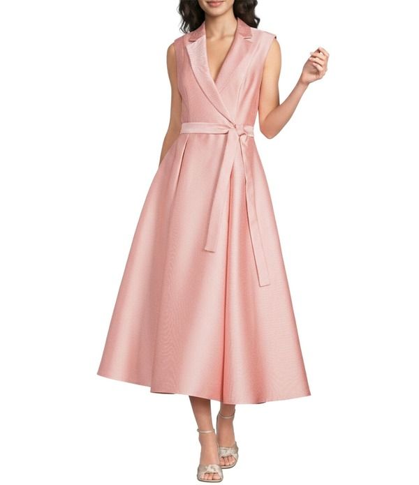 アドリアナ パペル レディース トップス ワンピース ノースリーブ Adrianna Papell Mikado Notch Collar Sleeveless Tie Front Fit And Flare Long Dress Apricot Ice アプ