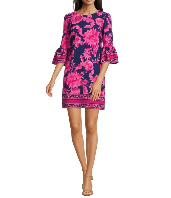 アドリアナ パペル レディース トップス ワンピース フラワー柄 プリント フラワー Adrianna Papell Floral Print Stretch Twill Boat Neck 34 Bell Sleeve Dress Navy Multi ネイ
