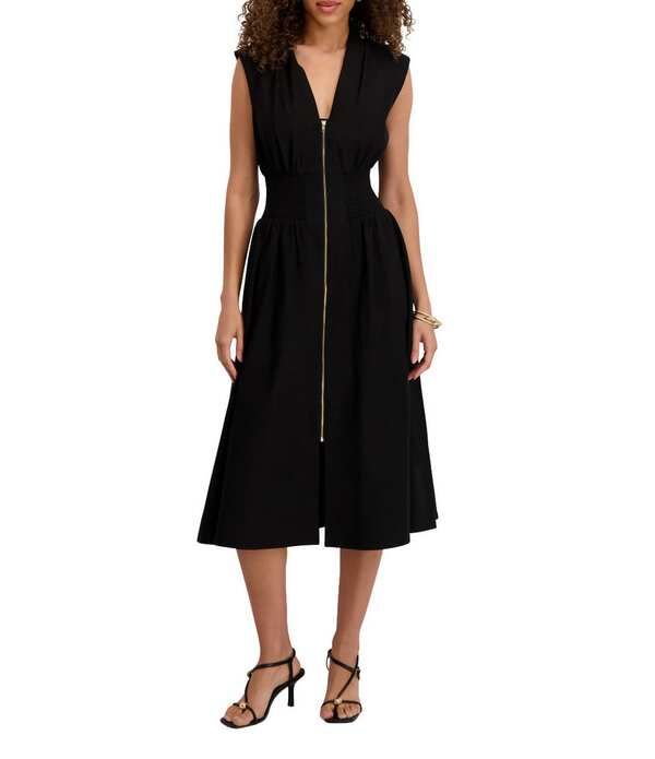 ケンジー レディース トップス ワンピース Vネック ミディ ノースリーブ シャーリング Kensie Woven VNeck Sleeveless Zip Up Smocked Midi Dress Black ブラック