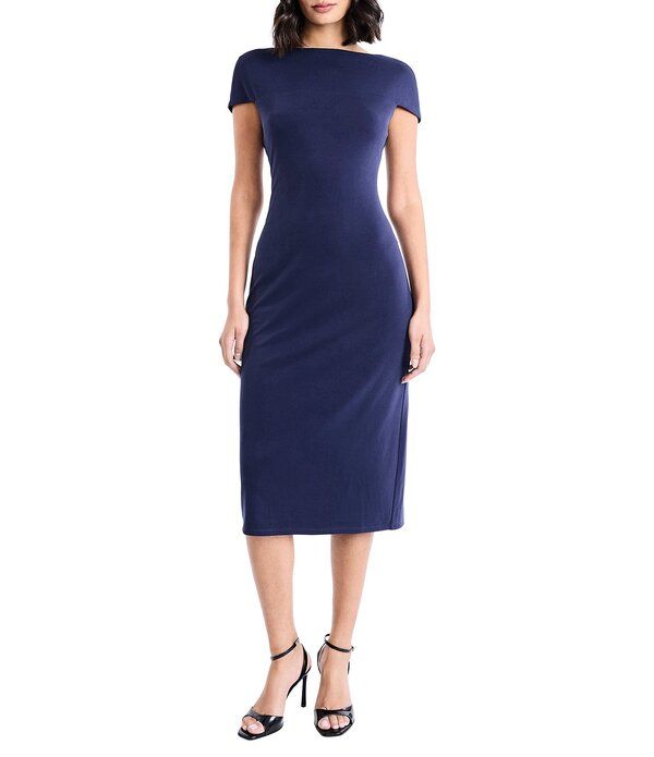 マギーロンドン レディース トップス ワンピース ミディ キャップ ニット Maggy London Opulent Knit Boat Neck Cap Sleeve Sheath Midi Dress Evening Blue ブルー