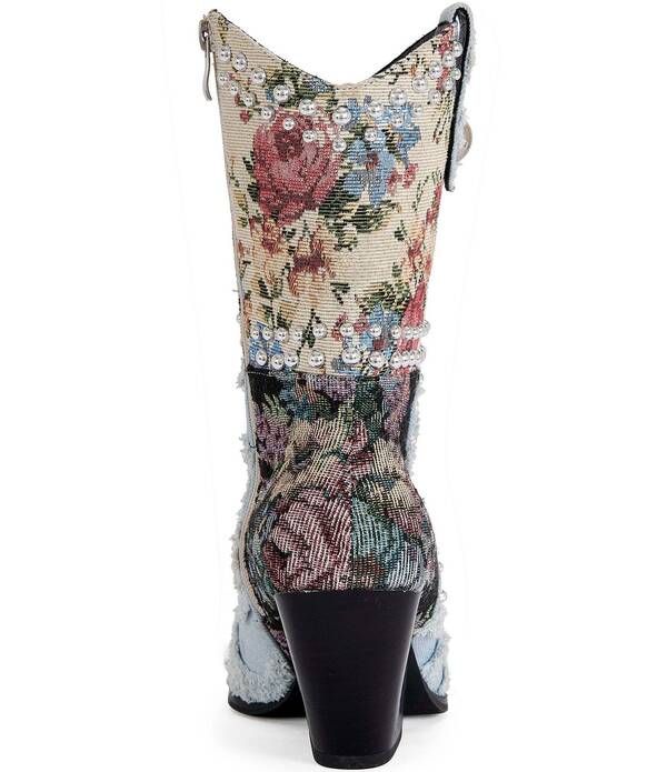 アザレア ワン レディース シューズ ブーツ・レインブーツ フラワー柄 パッチワーク デニム フラワー Azalea Wang Akari Denim and Floral Patchwork Studded Western Booties Denimulti