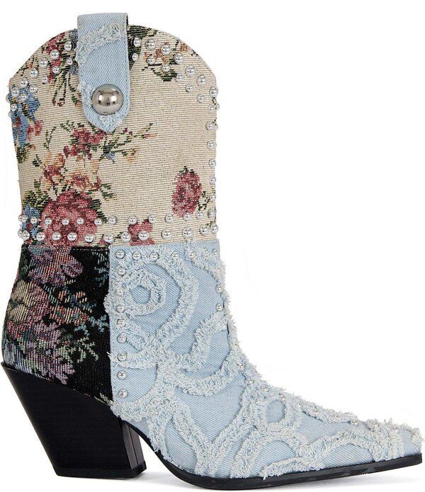アザレア ワン レディース シューズ ブーツ・レインブーツ フラワー柄 パッチワーク デニム フラワー Azalea Wang Akari Denim and Floral Patchwork Studded Western Booties Denimulti