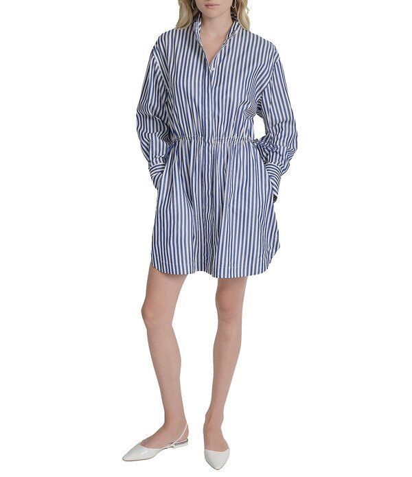 ダナキャラン レディース トップス ワンピース シャツ コットン DKNY by Donna Karan Striped Cotton Poplin Long Sleeve Cinchedrawstring Shirtdress Chambray ストライプ