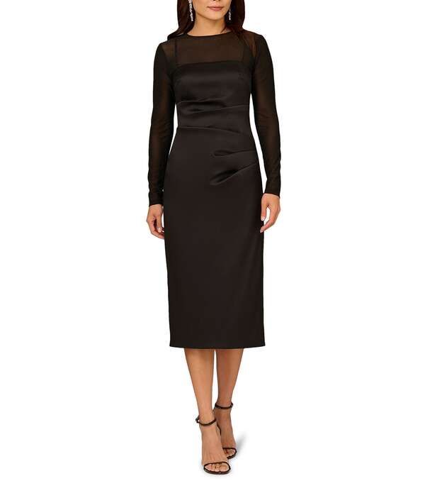 アイダンマットックス レディース トップス ワンピース クルーネック ミディ Aidan Mattox Stretch Mikado Illusion Crew Neck Long Sleeve Sheath Midi Dress Black ブラック