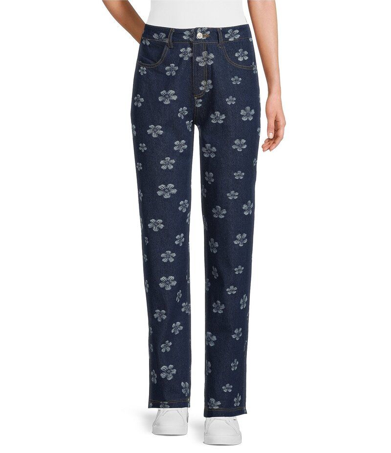 シュガーリップス レディース ボトムス デニムパンツ ストレート フラワー柄 デニム ジーンズ フラワー Sugarlips Floral Pattern Straight Leg Coordinating Denim Jeans Dark Denim デニム