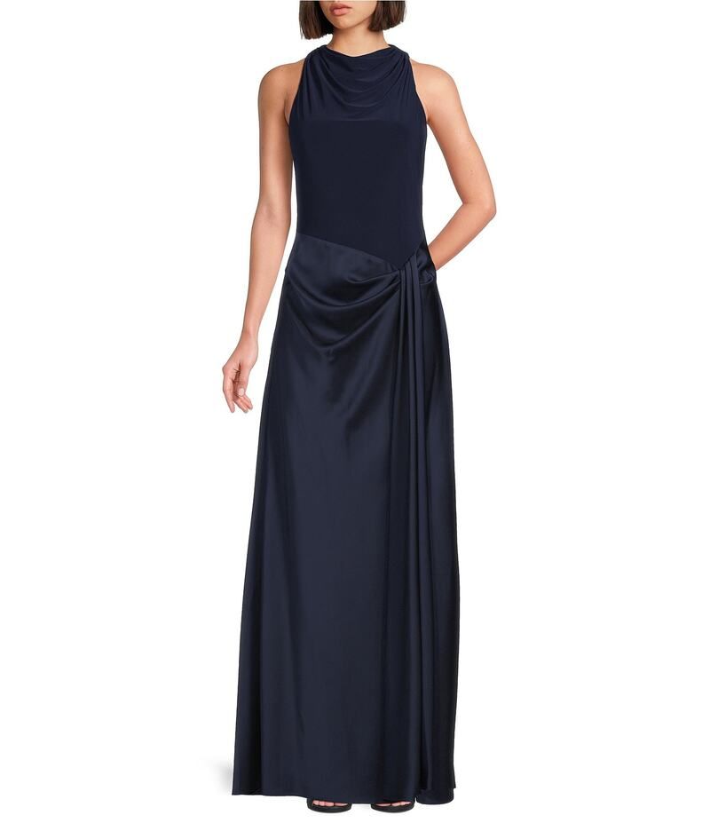 ベッツィアンドアダム レディース トップス ワンピース ギャザー サテン ホルター Betsy Adam Halter Cowl Neck Ruched Satin Faux Wrap Gown Navy ネイビー