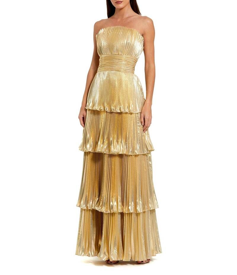 マックダガル レディース トップス ワンピース ティアード A ライン プリーツ メッシュ トール ストラップレス Mac Duggal Metallic Mesh Strapless Pleated Tiered ALine Gown Gold ゴールド