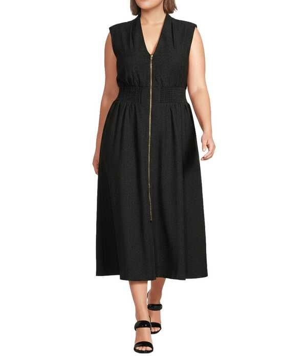 ケンジー レディース トップス ワンピース Vネック A ライン プラスサイズ ミディ ノースリーブ Kensie Plusize Sleeveless VNeck Elastic Waist Zip Front ALine Midi Dress Black