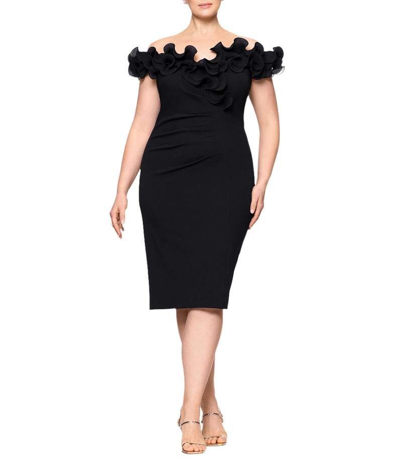 エスケープ レディース トップス ワンピース Vネック クレープ プラスサイズ ギャザー フリル スキューバ ノースリーブ Xscape Plus Size Scuba Crepe VNeck Sleeveless Wire Ruffle Trim Ruche