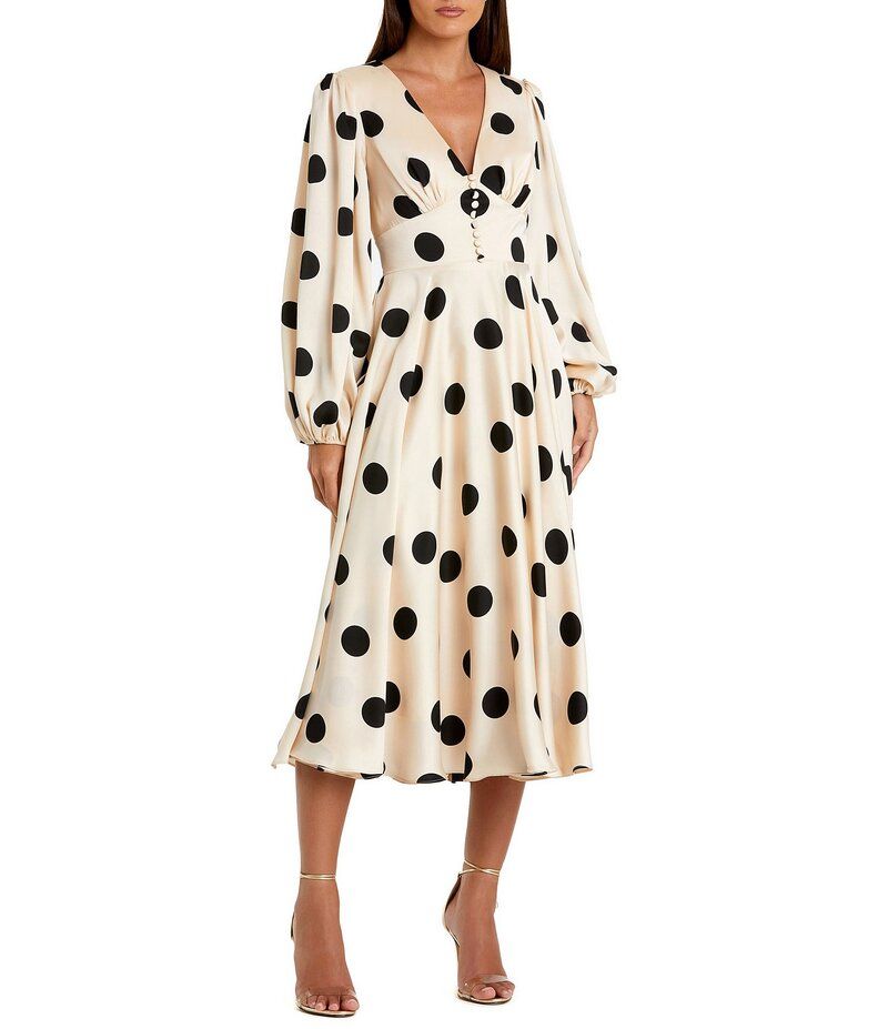 マックダガル レディース トップス ワンピース ドット柄 Vネック ミディワンピース ドット ミディ Mac Duggal Polka Dot Charmeuse VNeck Puff Sleeves Midi Dress Cream Black クリーム