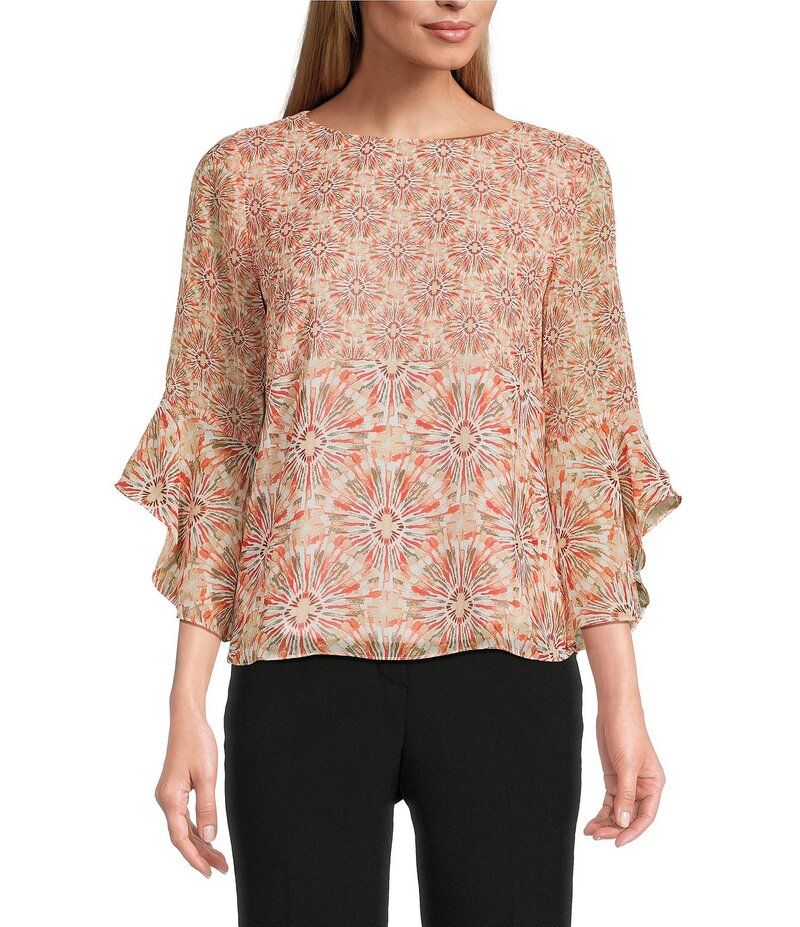 カスパール レディース トップス シャツ シフォン プチ フリル ブラウス Kasper Petite Size Chiffon Boat Neck Ruffle 34 Sleeve Blouse Vanilla Ice Multi マルチカラー