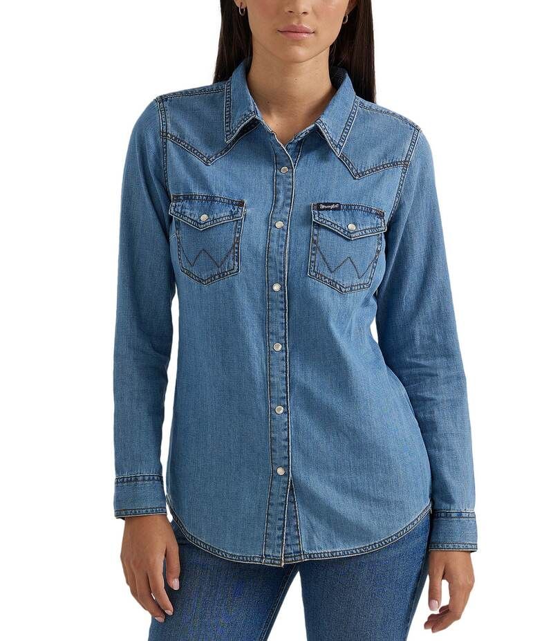 ラングラー レディース トップス シャツ WranglerR Long Sleeve Snap Front Western Shirt Mid Denim デニム