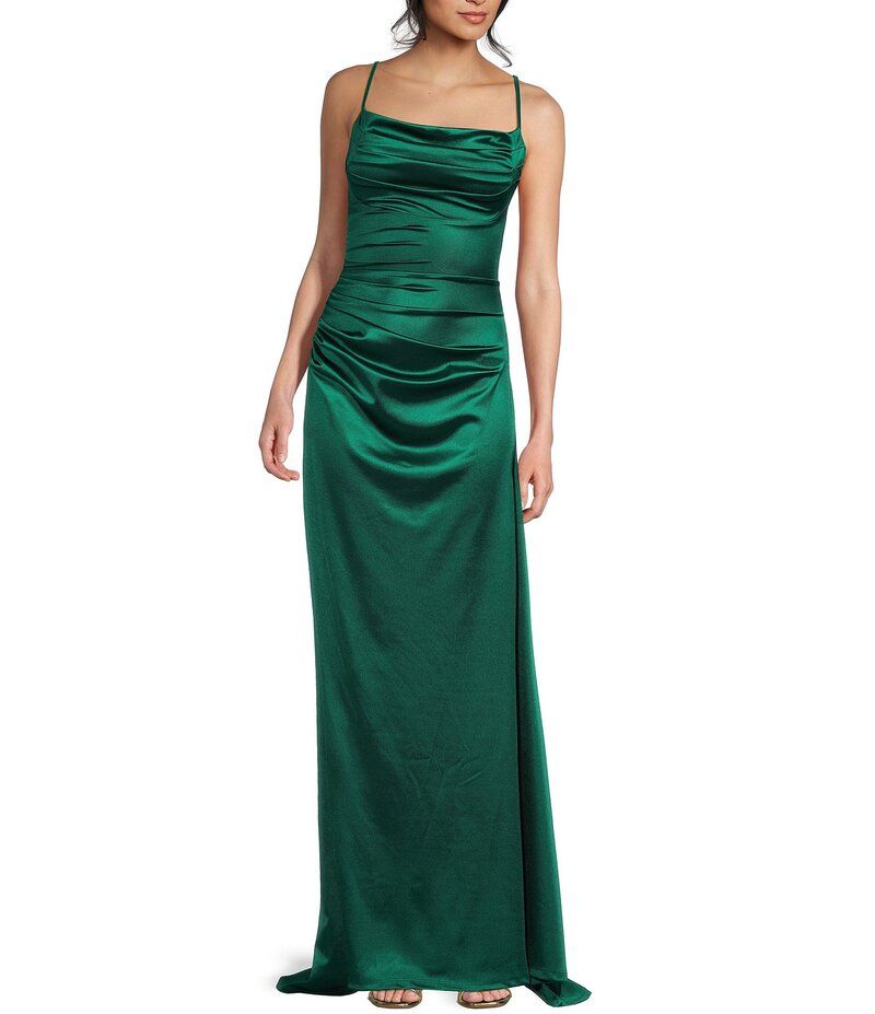 ビーダーリン レディース トップス ワンピース サテン レース B Darlin Satin Cowl Neck Shirred LaceUp Back Long Dress Hunter