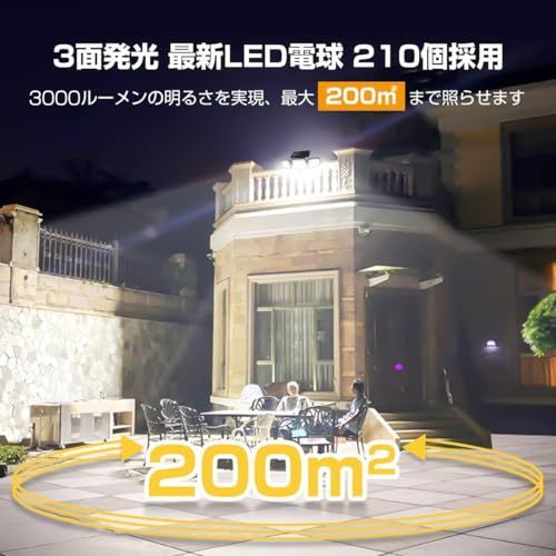 【新品】「アセキ」ソーラーライト 屋外 防水 センサー 2個セット【極高輝度・210LED・3面発光・業界最大3000ルーメン】3つ知能モード 2200mAh大容量バッテリー 人感センサー 360°角度調整可能 防犯 自動点灯/消灯 ガレージ 2382b7f6