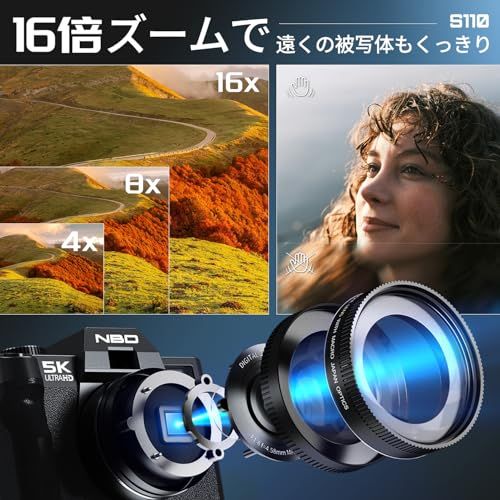 【新品】NBD 5K 6400万画素 デジタルカメラ 革ハーフケース付き【Wi-Fiとアプリ制御】16倍ズーム 一眼レフカメラ 180°フリップスクリーン | オートフォーカス?手ぶれ補正 |マクロ+広角レンズ＆ウェブカメラ機能 | 32GB 466364a6