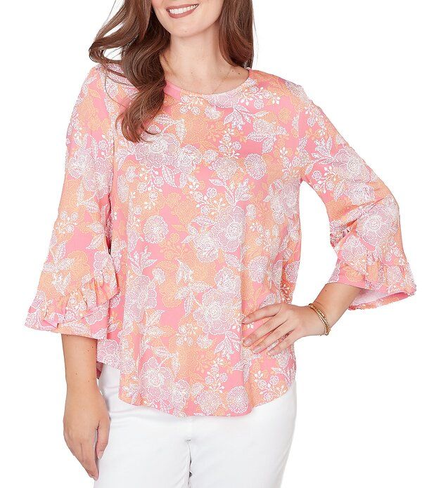 ルビーアールディー レディース トップス シャツ フラワー柄 フリル フラワー Ruby Rd Floral Scoop Neck 34 Ruffle Trim Sleeve Top Cotton Candy Multi マルチカラー