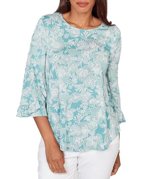 ルビーアールディー レディース トップス シャツ フラワー柄 フリル フラワー Ruby Rd Floral Scoop Neck 34 Ruffle Trim Sleeve Topacific Multi マルチカラー