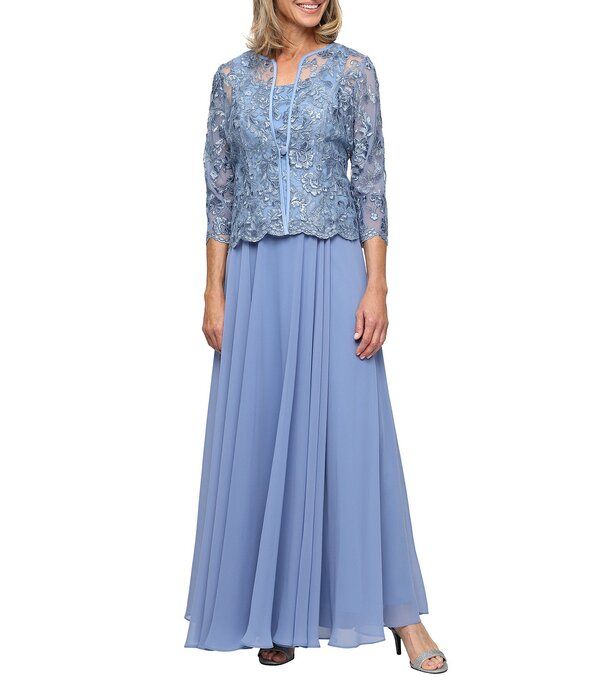 アレックスイブニングス レディース トップス ワンピース チュール プチ 刺繍 ジャケット Alex Evenings Petite Size Stretch Tullembroidered Long Jacket Dress Dusty Blue ブルー