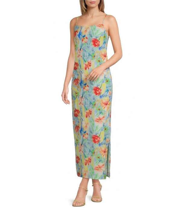 サムエデルマン レディース トップス ワンピース フラワー柄 プリント ミディ サテン ノースリーブ フラワー Sam Edelman Satin Floral Print Square Neck Sleevelessheath Slip Midi Dress