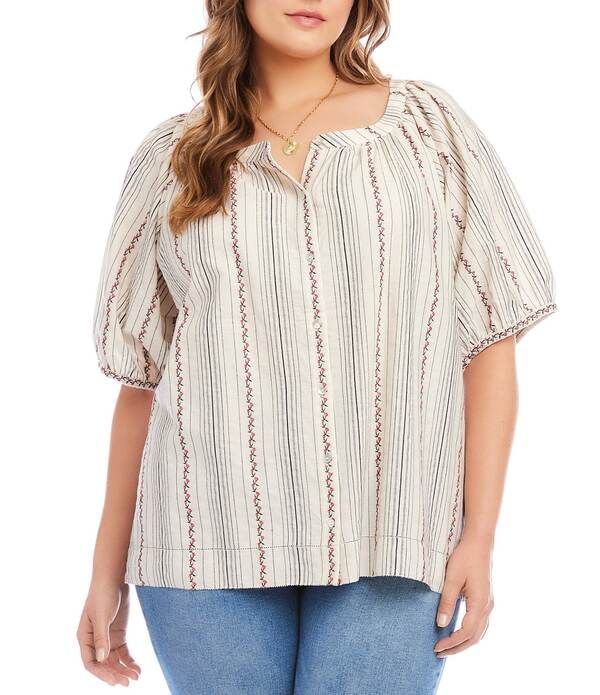 カレンケーン レディース トップス シャツ プラスサイズ 刺繍 Karen Kane Plusizembroidered Stripe Scoop Neck Short Puff Sleeve ButtonFront Coordinating Top Natu