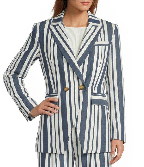 アントニオ メラーニ レディース アウター コート ブレザー リネン Antonio Melani Keira Linen Stripe Notch Lapelong Sleeve Double Breasted Coordinating Blazer Kie