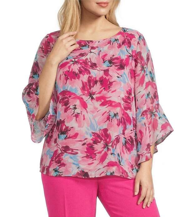 カスパール レディース トップス シャツ フラワー柄 プラスサイズ プリント フリル ブラウス フラワー Kasper Plusize Floral Printed 34 Ruffle Sleeve Blouse Lily White Multi ホワイト