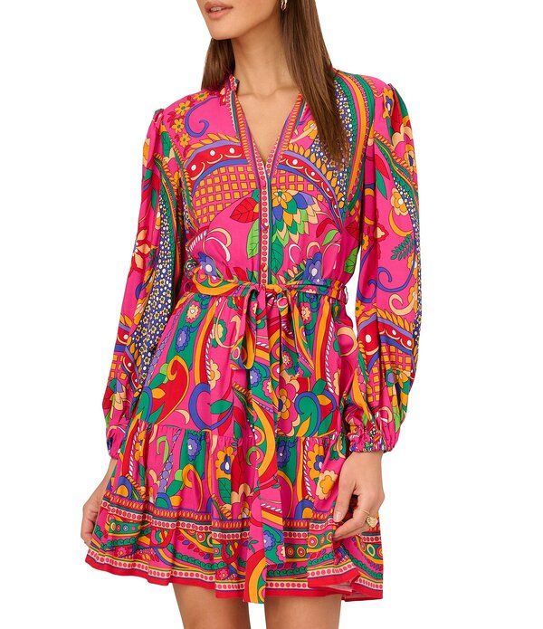 アドリアナ パペル レディース トップス ワンピース Vネック プリント Adrianna by Adrianna Papell Abstract Printed Surplice VNeck Long Sleeve Dress Pink Multi ピンク
