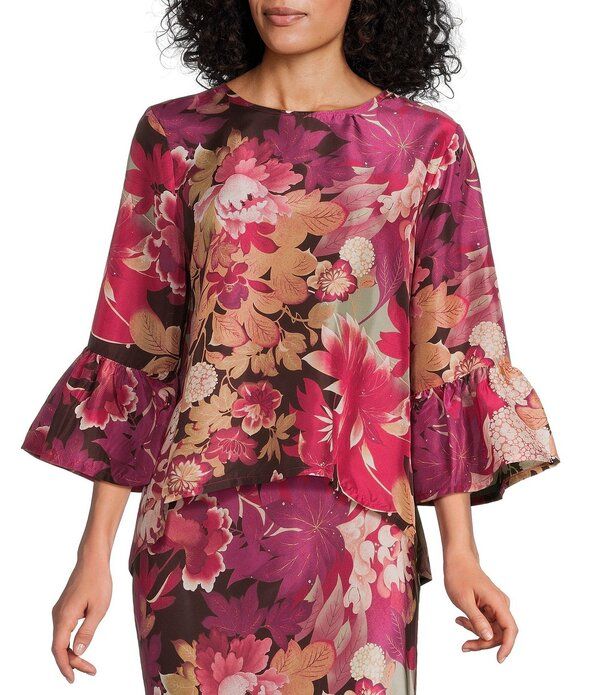 ブライン ウォーカー レディース トップス シャツ プリント フリル シルク Bryn Walker Fran Rosa Printed Silk Round Neck 34 Ruffle Bell Sleeve Coordinating Top Rosa