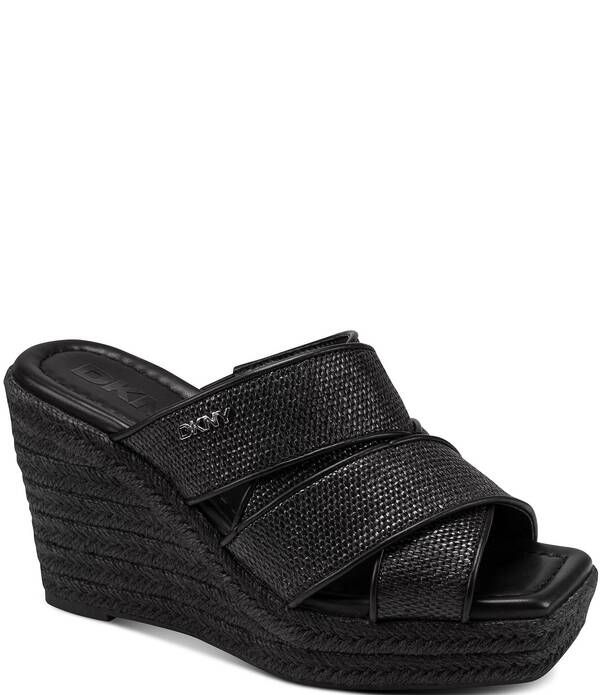 ダナキャラン レディース シューズ スリッポン・ローファー プラットフォーム サンダル DKNY by Donna Karan Cresson Raffia Platform Wedge Banded Espadrille Slide Sandals Blac