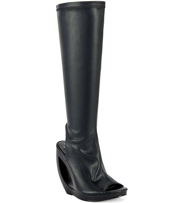 アザレア ワン レディース シューズ サンダル トール ブーツ ヒール Azalea Wang Ilyssa Peep Toe Open Heel Open Rocker Wedge Tall Boots Black ブラック