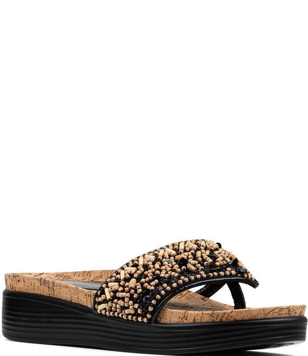 ドナルドプリネール レディース シューズ サンダル スパンコール レザー Donald Pliner Fifi Beaded Sequined Leather Cork Wedge Thong Sandals BlackNatural ブラック