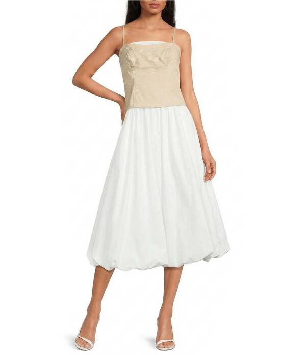 ラインアンドドット レディース トップス ワンピース ミディ ノースリーブ Line andot Anitha Mixed Media Square Neck Sleeveless Bubble Hemidi Dress BeigeWhite ホワイト