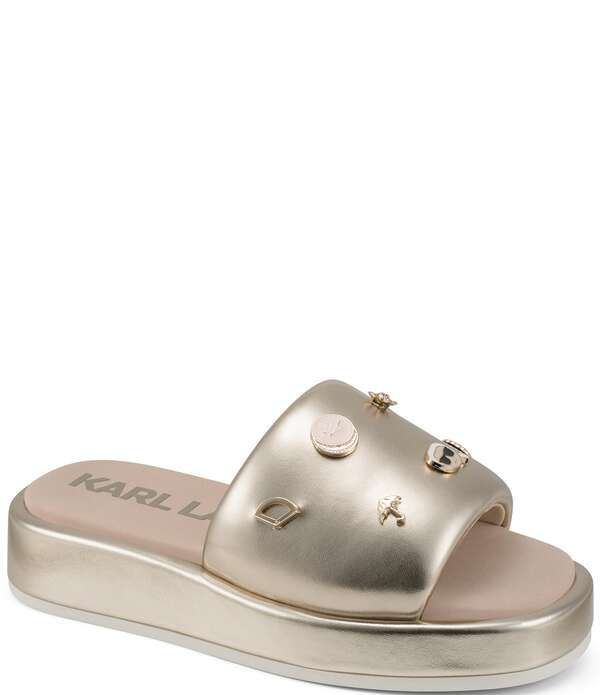 カール ラガーフェルド レディース シューズ サンダル プラットフォーム KARLAGERFELD PARIS Opal Macaron Charms Platform Wedge Slide Sandals White Gold ホワイト